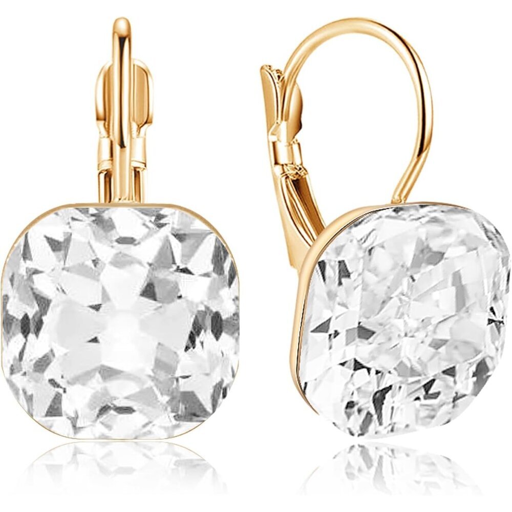 Sparkly Crystal Square Leverback Earrings Rhinestone Geometry Dangle Drop Earrin